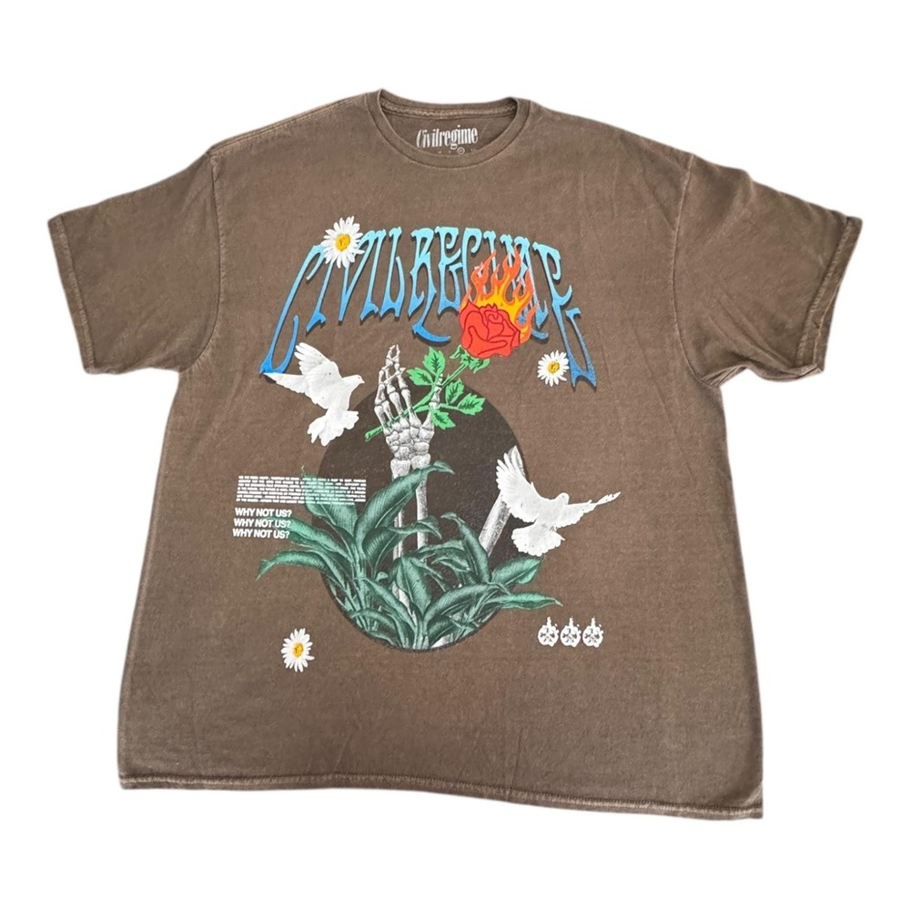 Civil Regime Shirt Men's XL Brown Skull Rose Dove Graphic Tee Streetwear